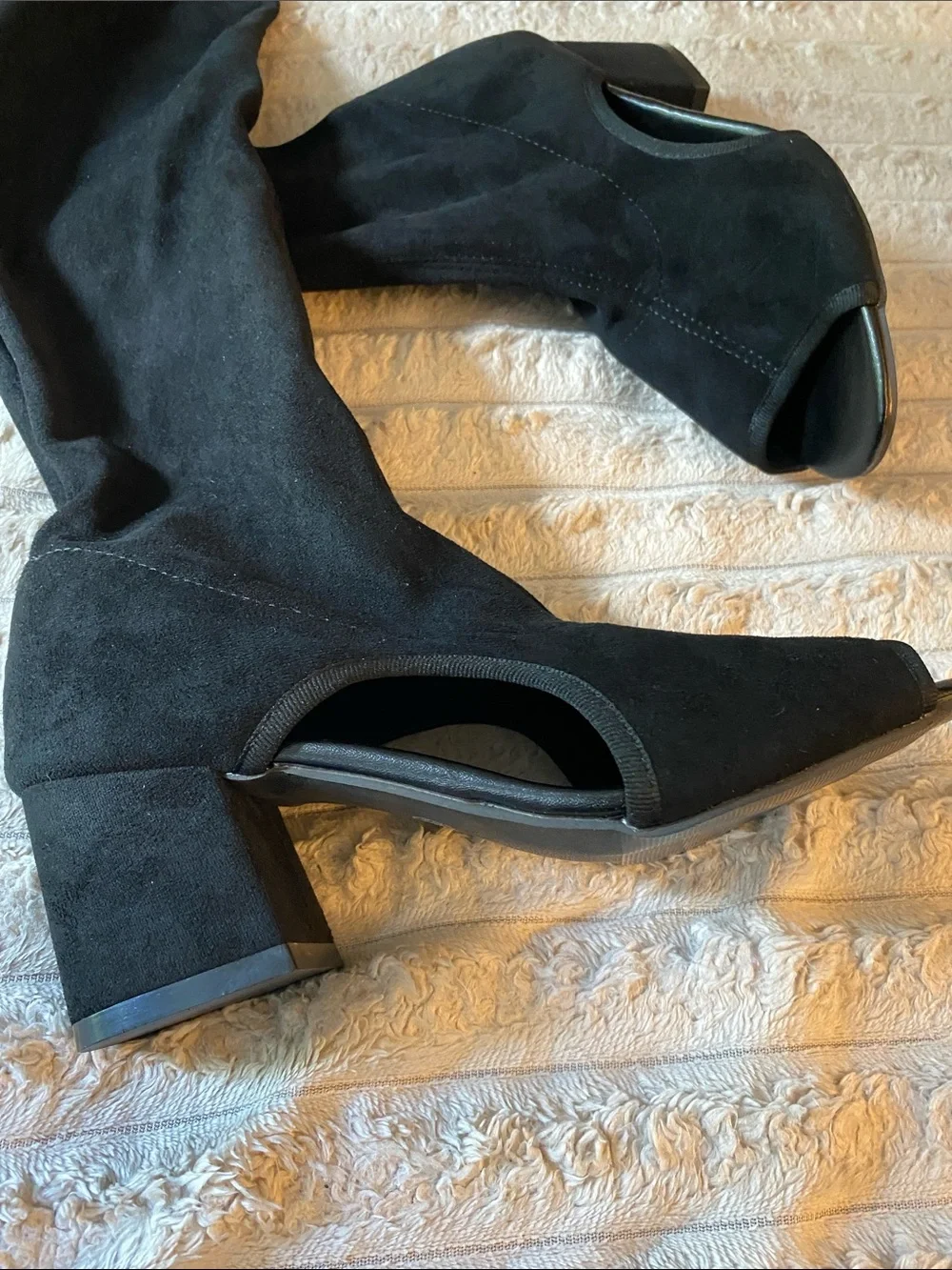 NWOT, Over The Knee Long Black Boots Cut Out Toes and Sides of Boots